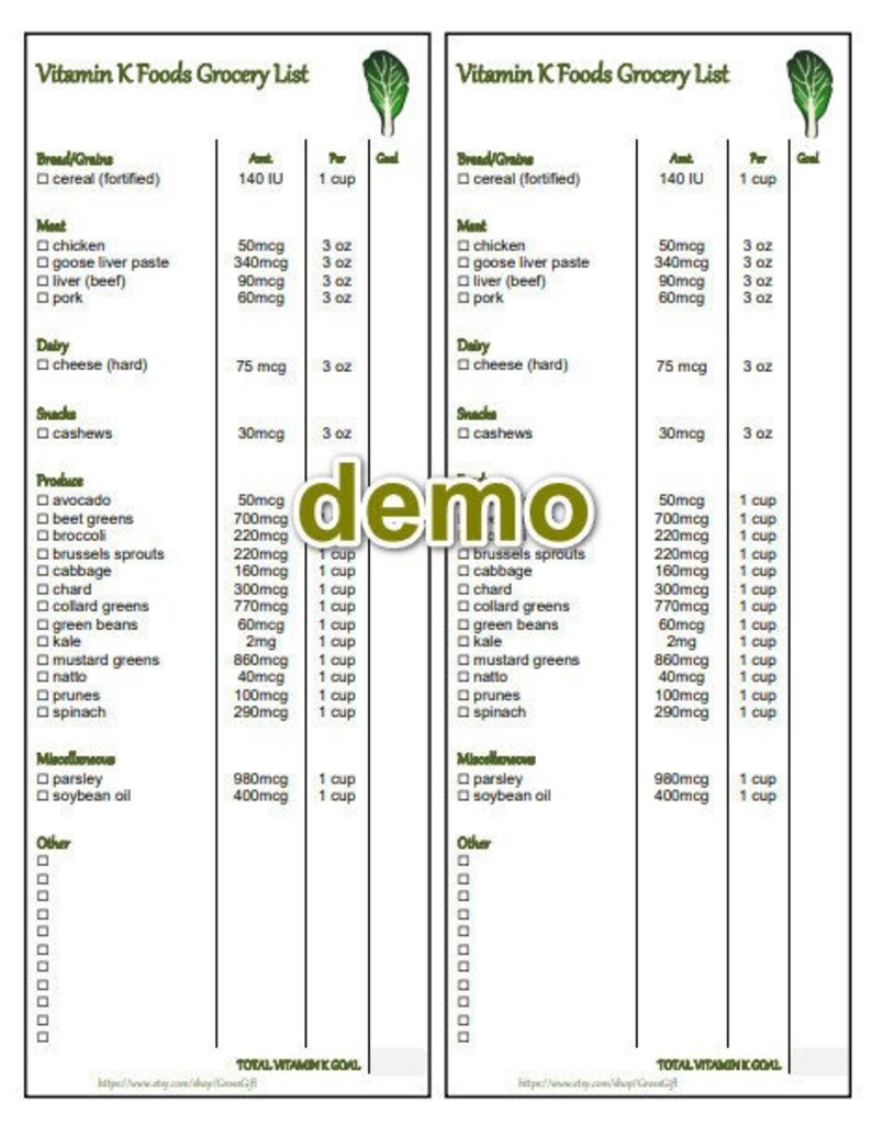 EDITABLE Vitamin K Grocery Food List Printable Instant - Etsy