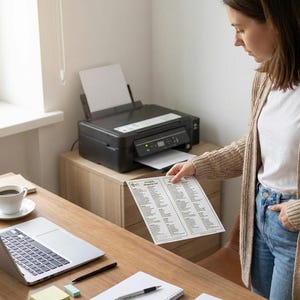 K&ouml;nnte beinhalten: Ein schwarzer Drucker druckt ein Dokument aus. Eine Frau in einem wei&szlig;en Hemd und einer beigen Strickjacke h&auml;lt das gedruckte Blatt. Ein Laptop, eine Kaffeetasse und B&uuml;romaterial befinden sich auf dem Holztisch.