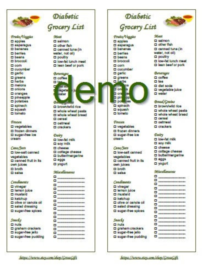 EDITABLE Diabetic Food Grocery List Shopping Printable Instant Download ...