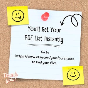 Może przedstawiać: Biała kartka papieru przypięta do korkowej tablicy czerwoną pinezką. Na notatce widnieje napis "You'll Get Your PDF List Instantly" i podany jest adres URL do znalezienia plik&oacute;w. Obecne są r&oacute;wnież ż&oacute;łte karteczki samoprzylepne z emotikonami.