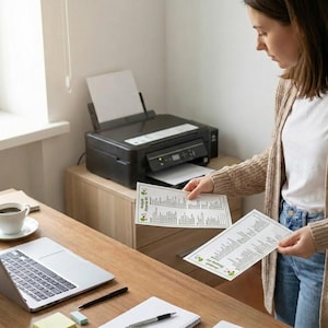 K&ouml;nnte beinhalten: Eine Person h&auml;lt zwei bedruckte Papierb&ouml;gen mit Text und einer kleinen Grafik. Ein schwarzer Drucker steht auf einem Holzschrank. Ein Laptop, eine Kaffeetasse und ein Stift befinden sich auf dem Holztisch.