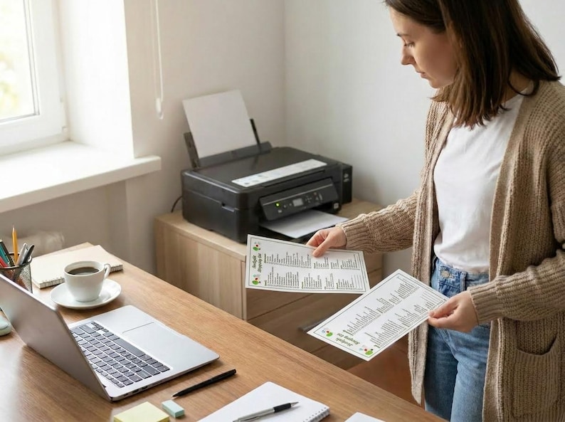 K&ouml;nnte beinhalten: Eine Person h&auml;lt zwei bedruckte Papierb&ouml;gen mit Text und einer kleinen Grafik. Ein schwarzer Drucker steht auf einem Holzschrank. Ein Laptop, eine Kaffeetasse und ein Stift befinden sich auf dem Holztisch.