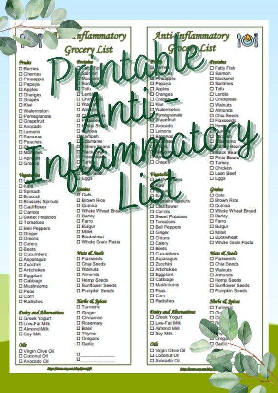 Anti-Inflammatory Diet Printable Grocery Shopping Foods List Instant Download 2 in 1 PDF
