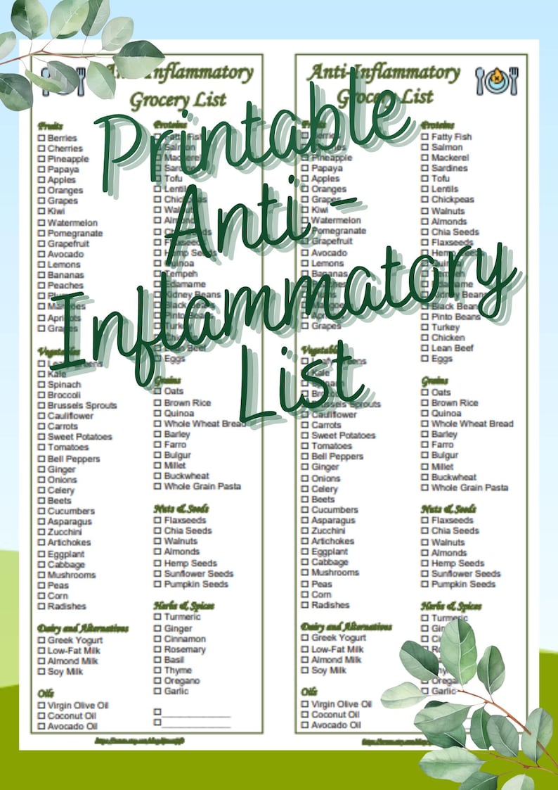 Lista de alimentos imprimibles para la compra de alimentos con dieta antiinflamatoria (descarga instantánea, PDF 2 en 1) imagen 1