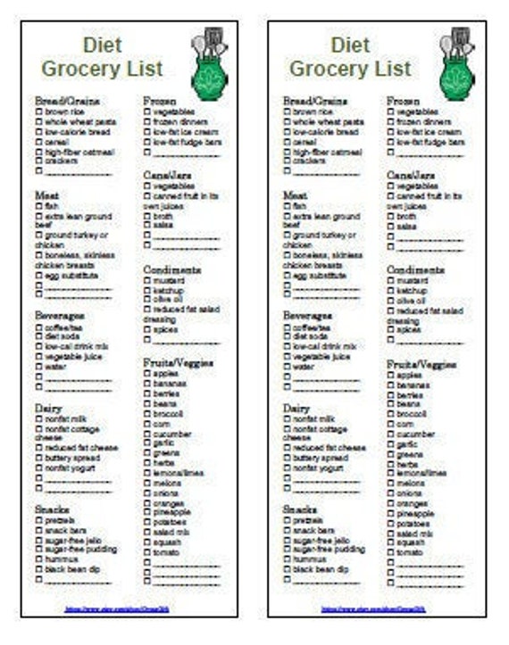 diet food low calorie grocery list printable 2 in 1 pdf etsy