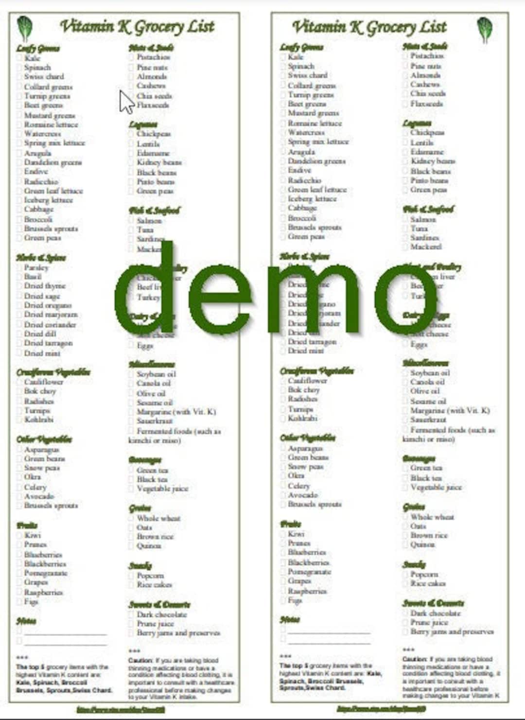 Vitamin K Grocery Foods List Printable 2 in 1 PDF Etsy