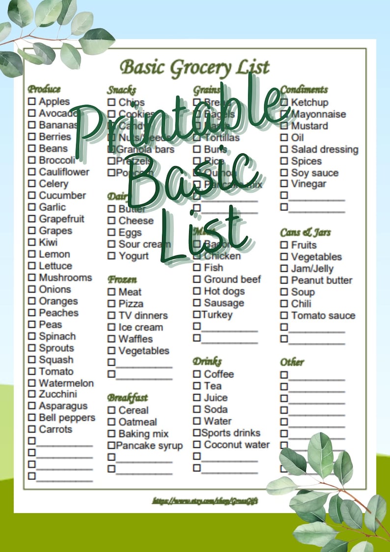 Large-print Basic Grocery Food List Shopping Printable Instant Download ...