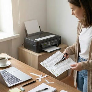 K&ouml;nnte beinhalten: Ein Heimb&uuml;ro mit Laptop, Drucker und Kaffeetasse auf einem Holztisch. Eine Person schneidet gedruckte Bl&auml;tter mit einer Schere. Der Drucker ist schwarz, und die Person tr&auml;gt eine beige Strickjacke und blaue Jeans.