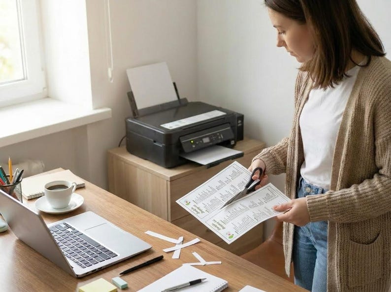 K&ouml;nnte beinhalten: Ein Heimb&uuml;ro mit Laptop, Drucker und Kaffeetasse auf einem Holztisch. Eine Person schneidet gedruckte Bl&auml;tter mit einer Schere. Der Drucker ist schwarz, und die Person tr&auml;gt eine beige Strickjacke und blaue Jeans.