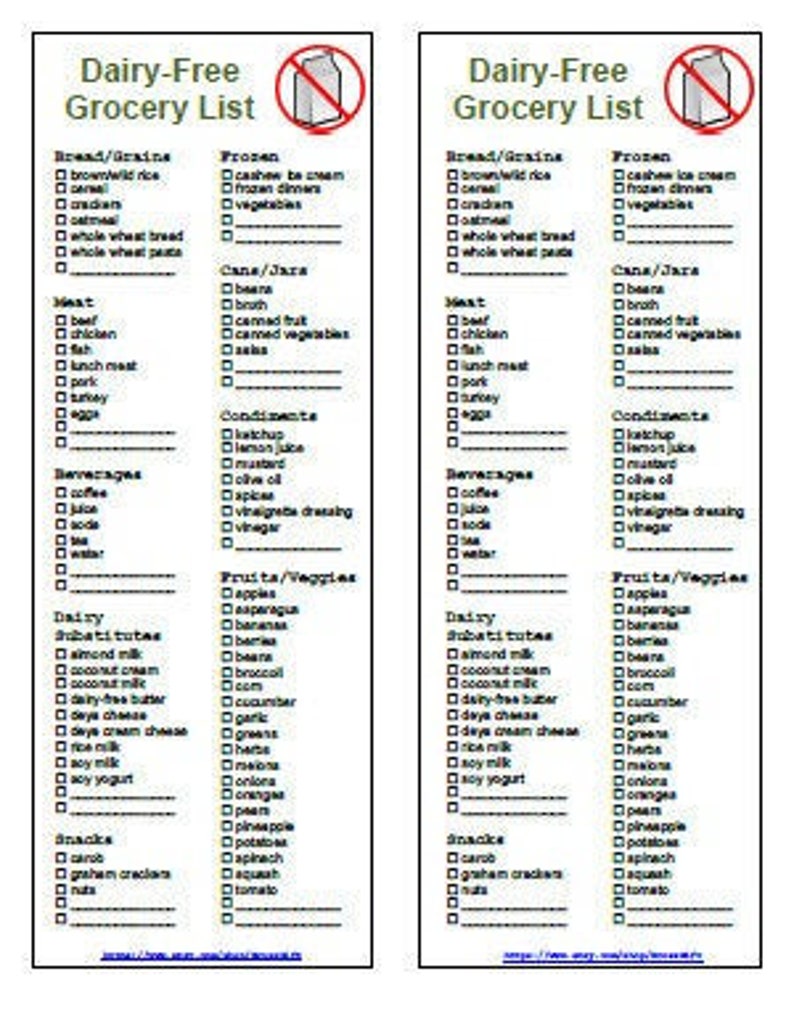 Dairy Free Substitutes Grocery List Printable PDF Etsy