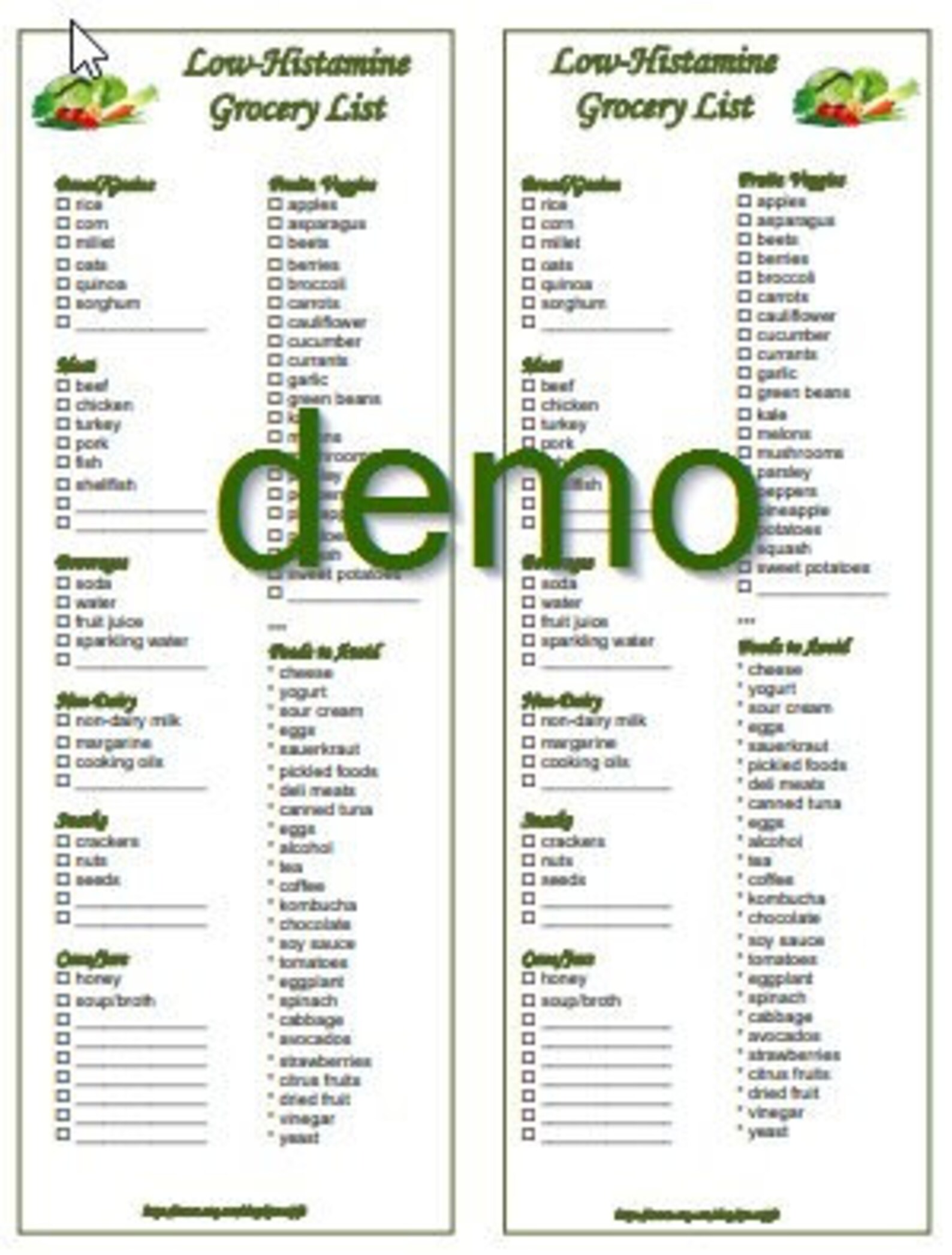 Low-histamine Printable Grocery Food List Instant Download 2 in 1 PDF ...