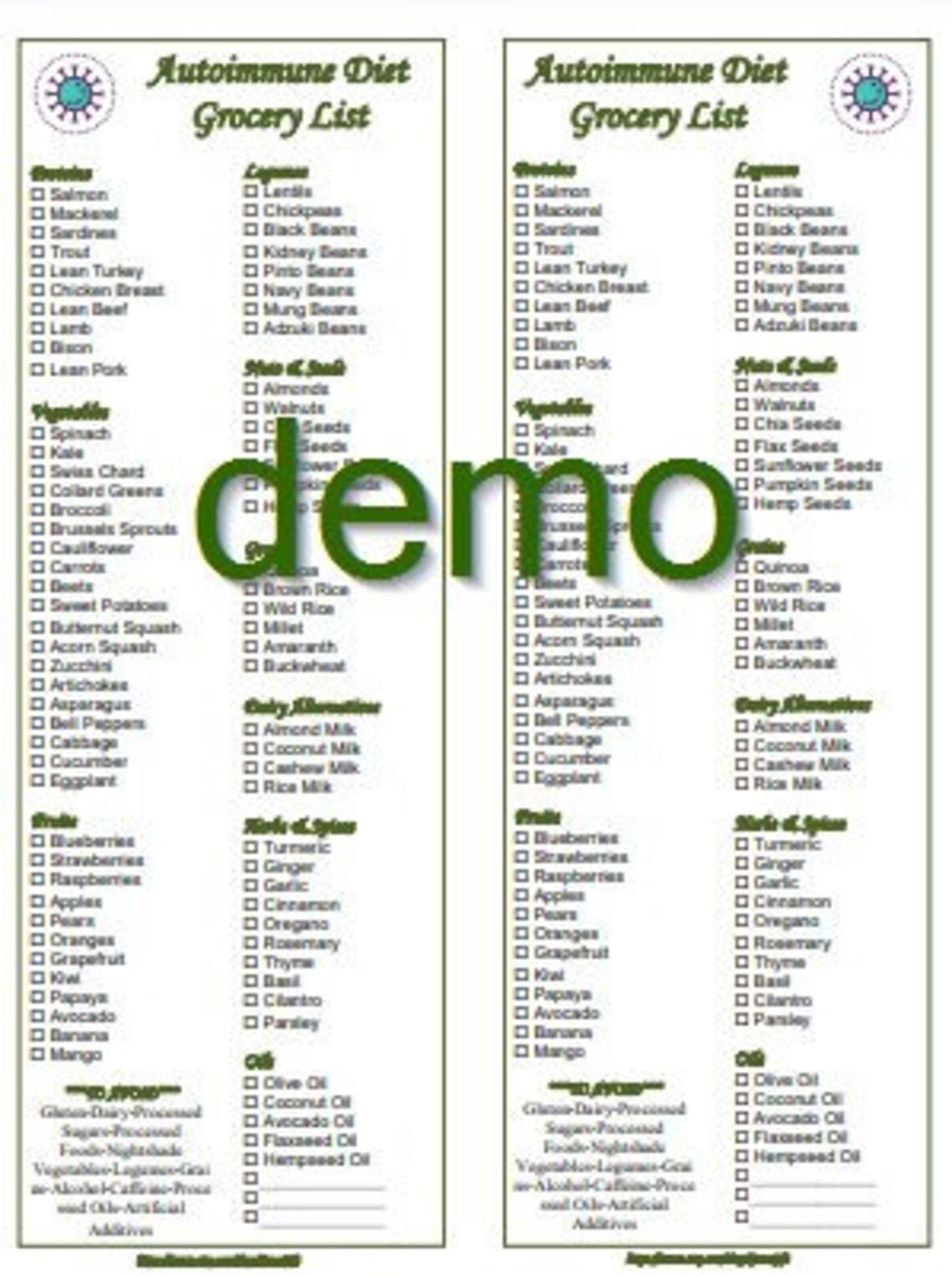 Autoimmune Diet Printable Grocery Shopping Foods List Instant Download ...