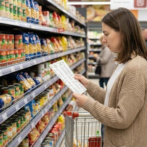 K&ouml;nnte beinhalten: Eine Frau in einem beigen Cardigan und einem wei&szlig;en Hemd liest eine Liste in einem Supermarktgang. Regale sind mit Pasta und Konserven gef&uuml;llt. Ein Einkaufswagen befindet sich im Vordergrund.