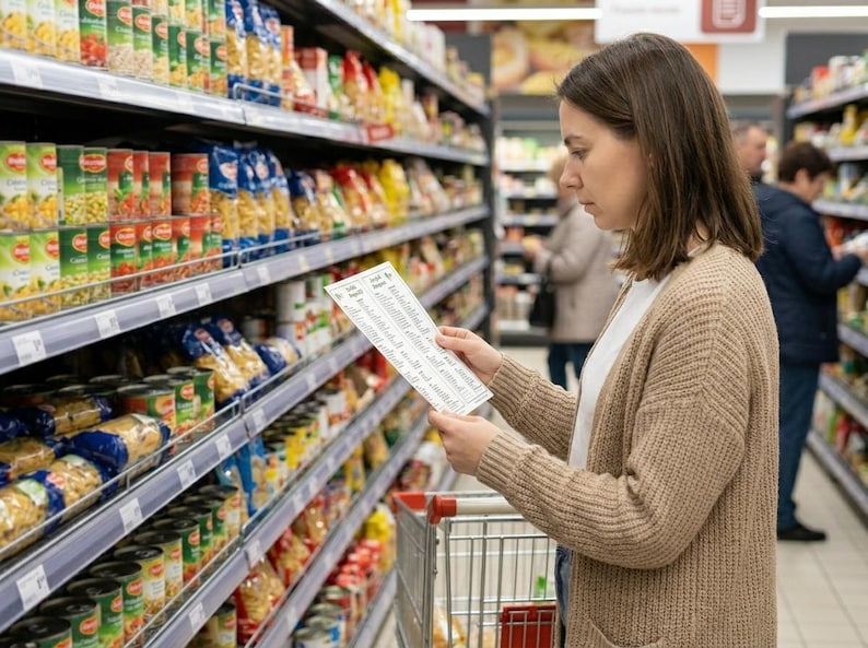 K&ouml;nnte beinhalten: Eine Frau in einem beigen Cardigan und einem wei&szlig;en Hemd liest eine Liste in einem Supermarktgang. Regale sind mit Pasta und Konserven gef&uuml;llt. Ein Einkaufswagen befindet sich im Vordergrund.