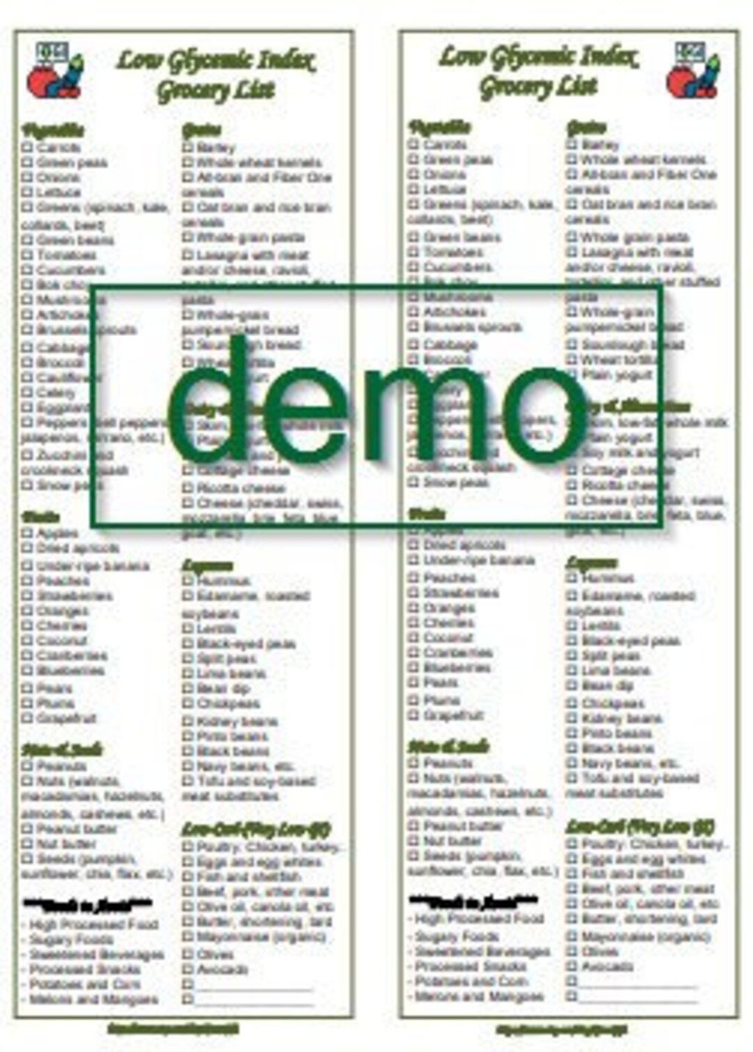 Low Glycemic Index Printable Diet Grocery Shopping Foods List Instant ...
