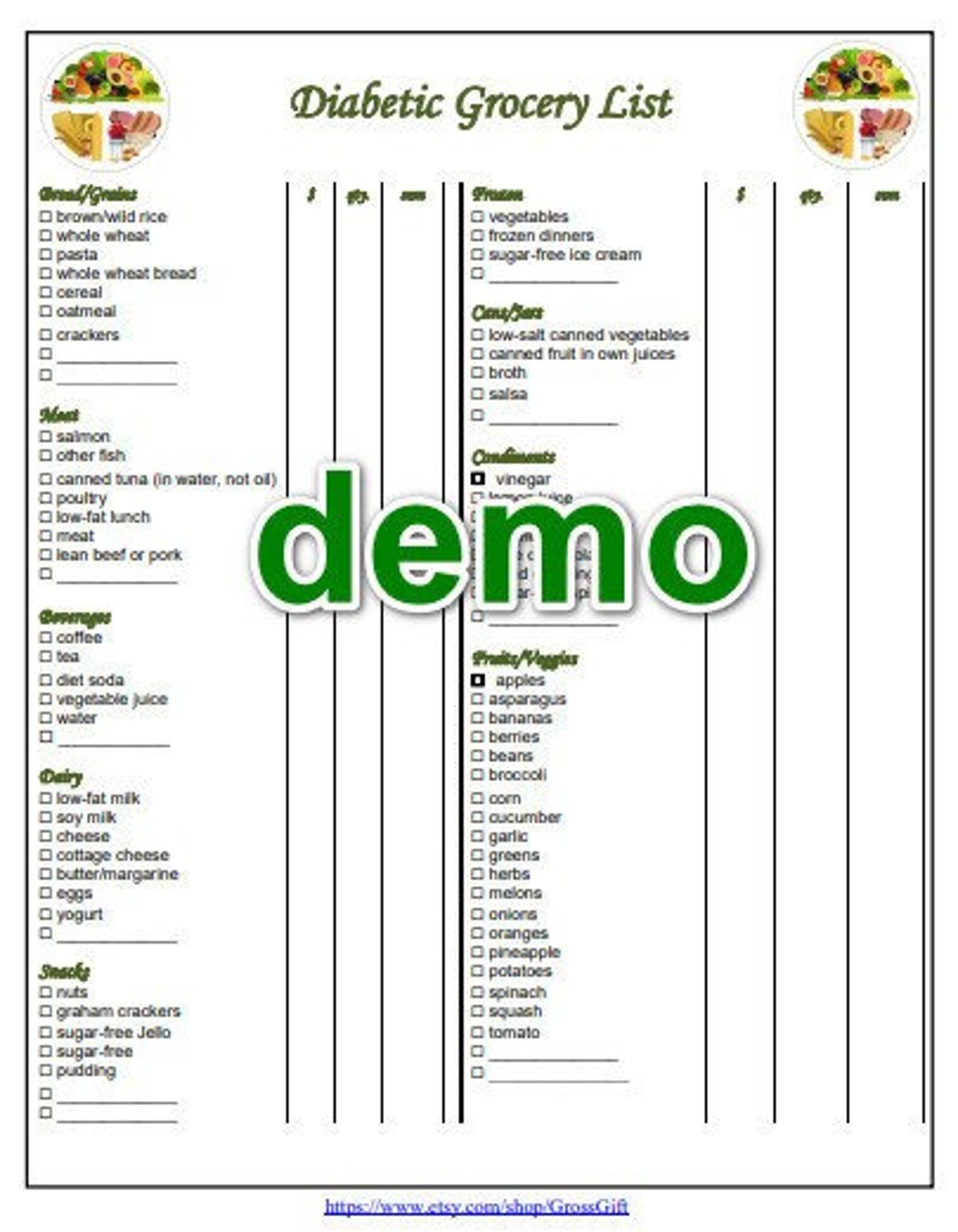 Diabetic Foods Grocery List With Prices Printable PDF - Etsy