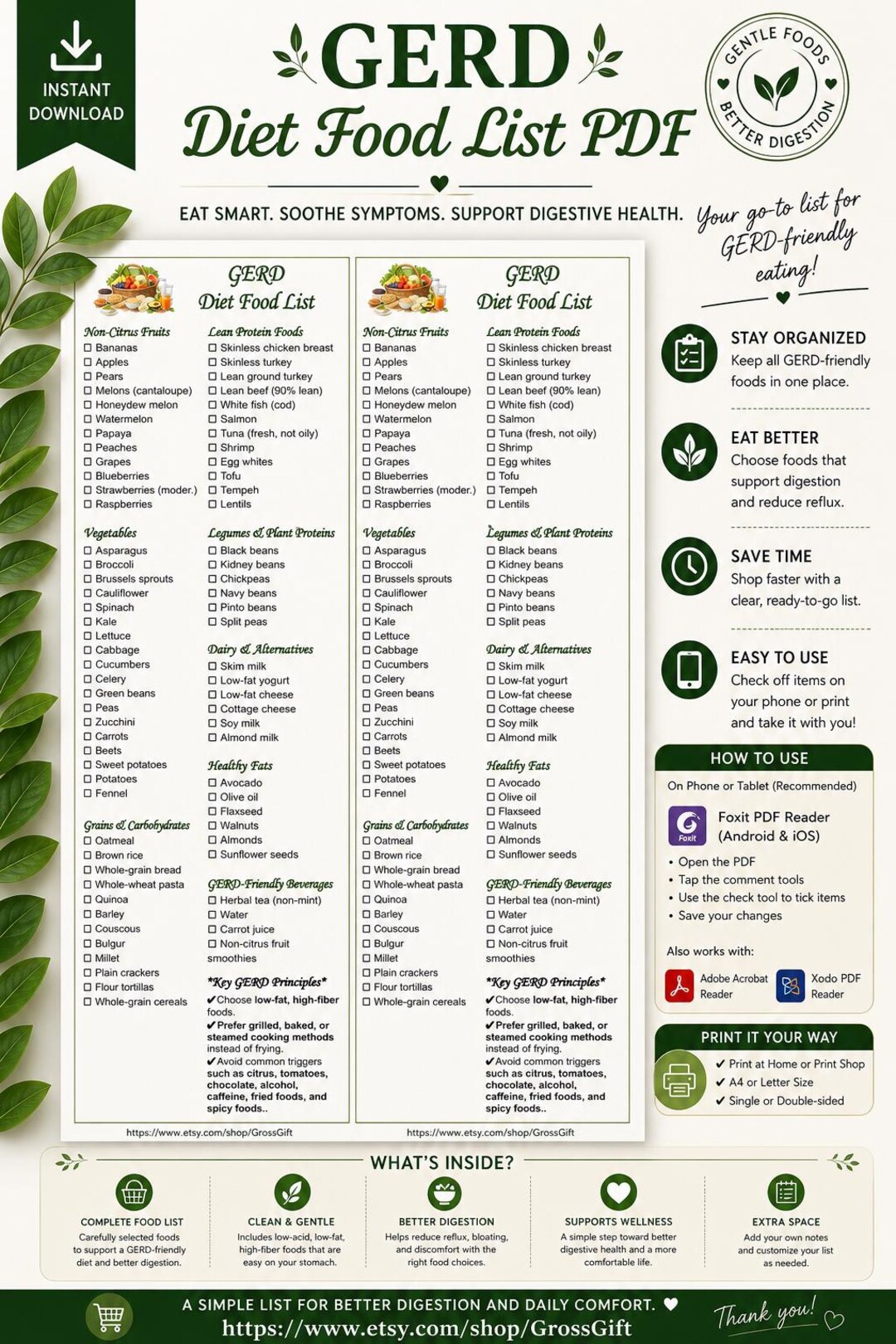 GERD Diet Food List Printable PDF | Acid Reflux Food Guide | GERD ...