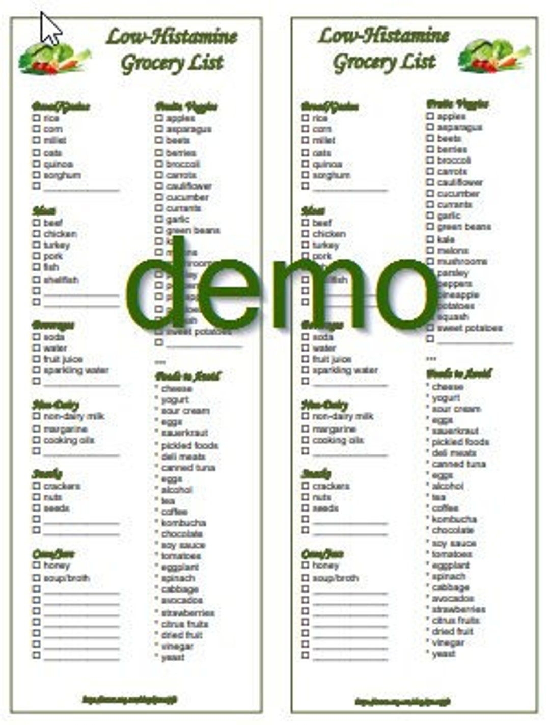 EDITABLE Low-histamine Grocery Food List Printable Instant Download 2 ...