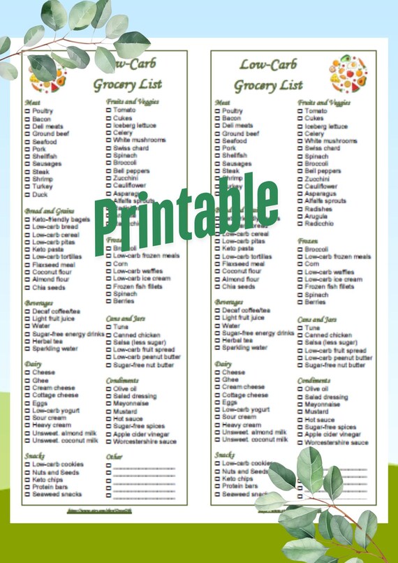 Low-Carb Grocery Foods List Printable PDF 2 in 1 Instant Download
