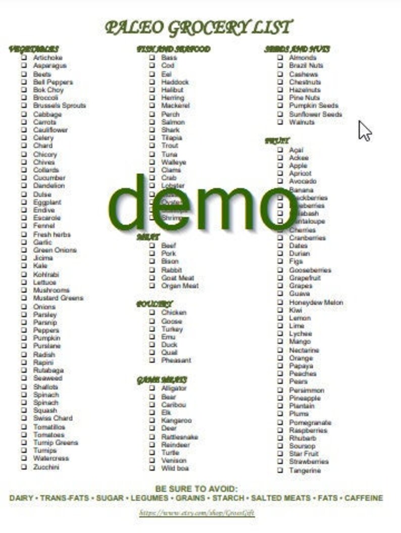 Paleo Diet Grocery List PDF Printable - Etsy