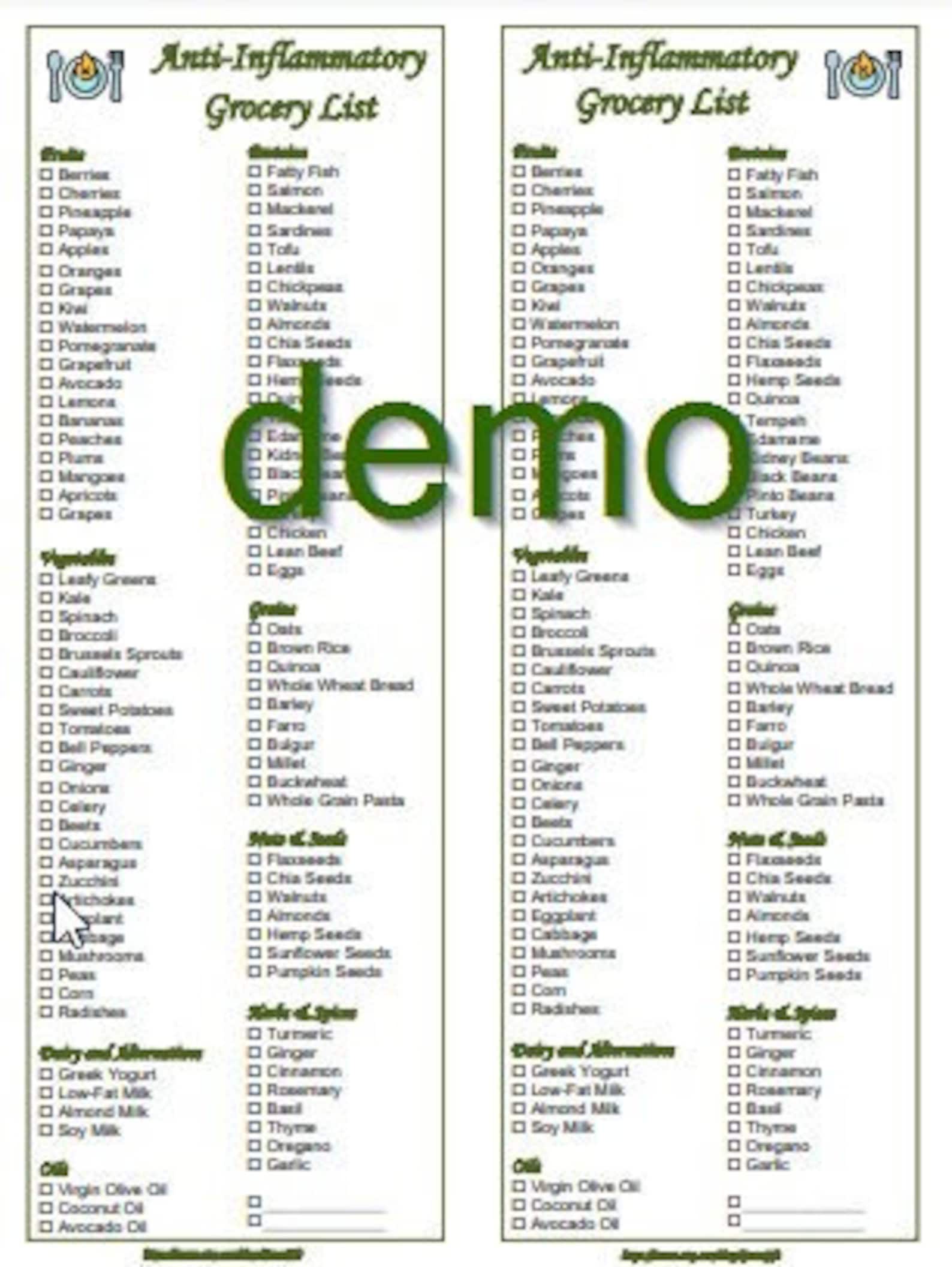 Anti-inflammatory Diet Printable Grocery Shopping Foods List Instant ...