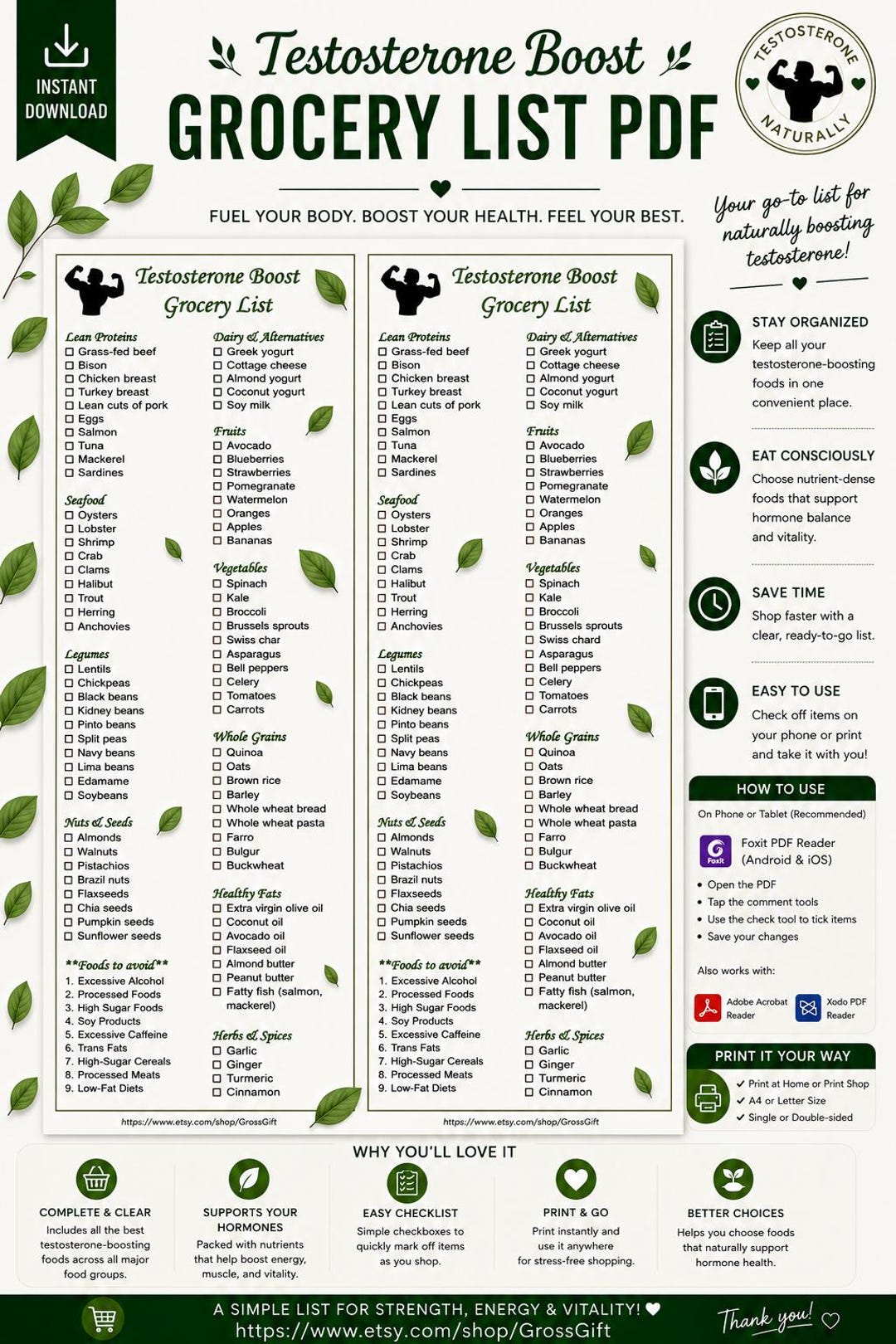Testosterone Boost Grocery List Printable PDF | Hormone Support Food ...