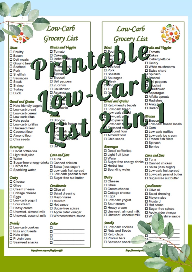 Może przedstawiać: Drukowana lista zakup&oacute;w niskowęglowodanowych z dwiema kolumnami kategorii i opcji żywnościowych. Tekst "Printable Low-Carb List 2 in 1" jest napisany dużą, stylizowaną czcionką. Lista zawiera mięso, owoce, warzywa i inne produkty spożywcze.
