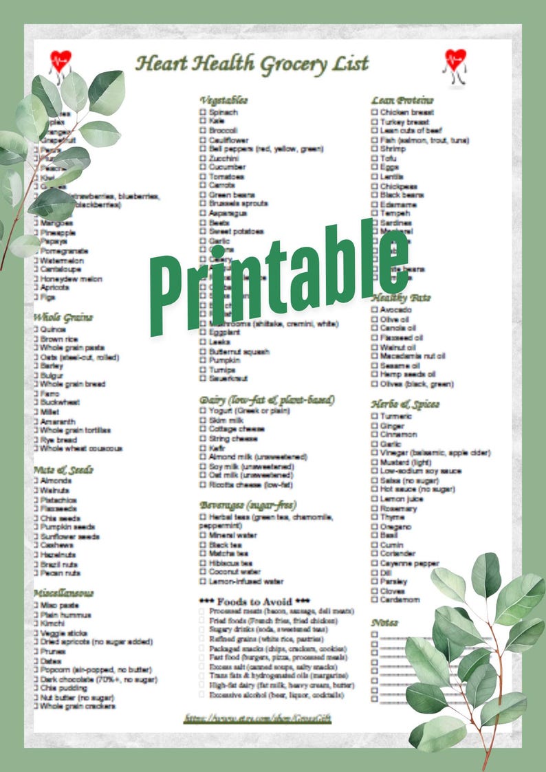 Heart Healthy Grocery List Printable PDF 160 Foods for Cardiovascular