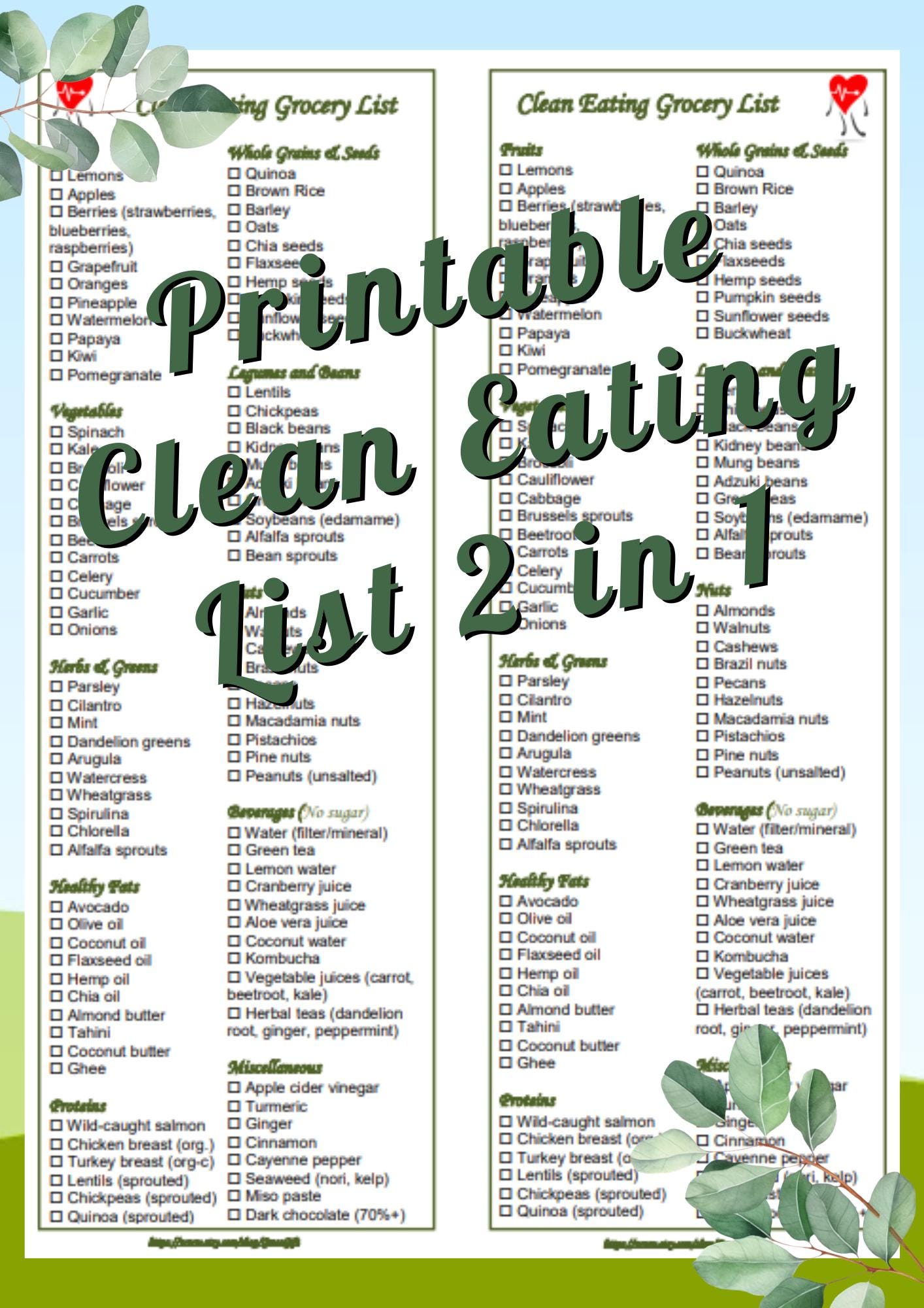 Clean Eating Diet Printable Grocery Shopping Foods List Instant ...