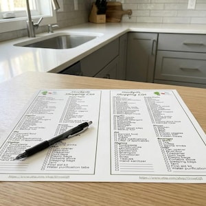 K&ouml;nnte beinhalten: Zwei wei&szlig; gedruckte Einkaufslisten mit einem schwarzen Stift auf einer Holzoberfl&auml;che. Die Listen tragen den Titel "Stockpile Shopping List" und enthalten verschiedene Checklistenpunkte. Der Stift liegt quer &uuml;ber den Listen.