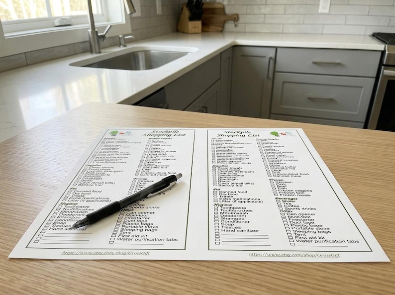 K&ouml;nnte beinhalten: Zwei wei&szlig; gedruckte Einkaufslisten mit einem schwarzen Stift auf einer Holzoberfl&auml;che. Die Listen tragen den Titel "Stockpile Shopping List" und enthalten verschiedene Checklistenpunkte. Der Stift liegt quer &uuml;ber den Listen.