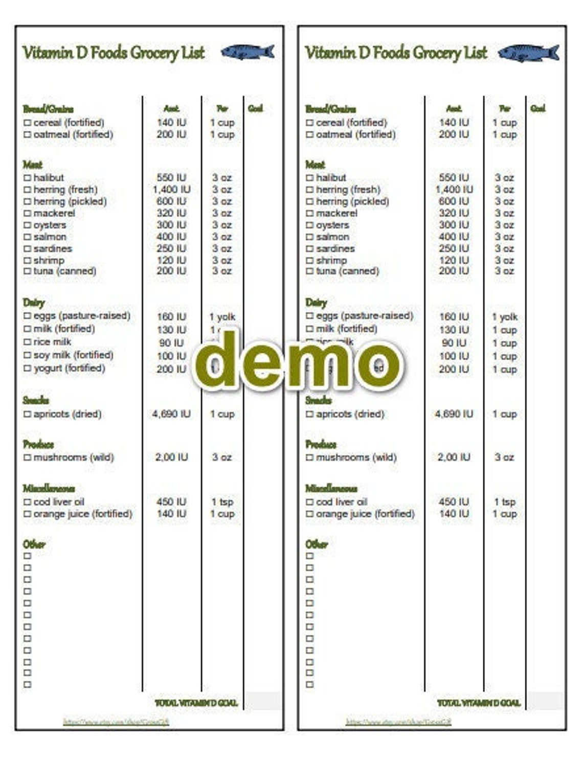 Vitamin D Grocery Food List Printable Instant Download 2 in 1 Etsy