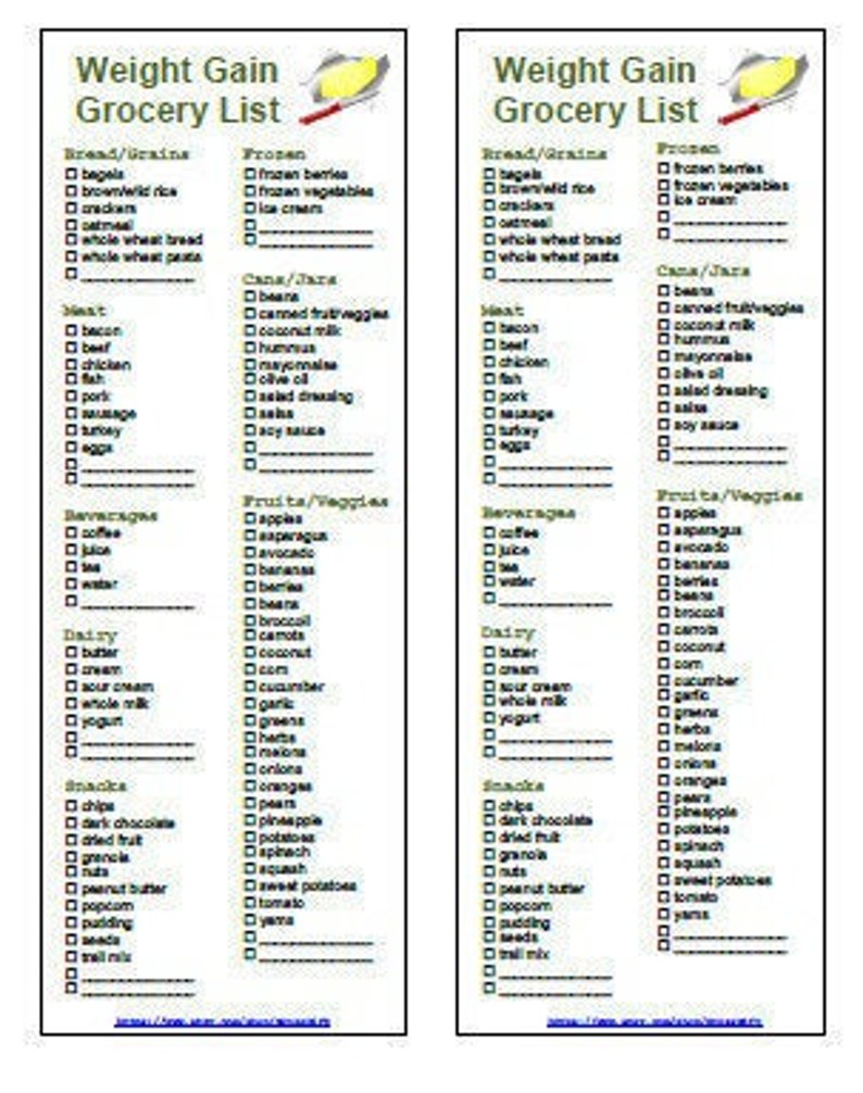 Weight Gain Grocery List Printable 2 in 1 PDF Etsy