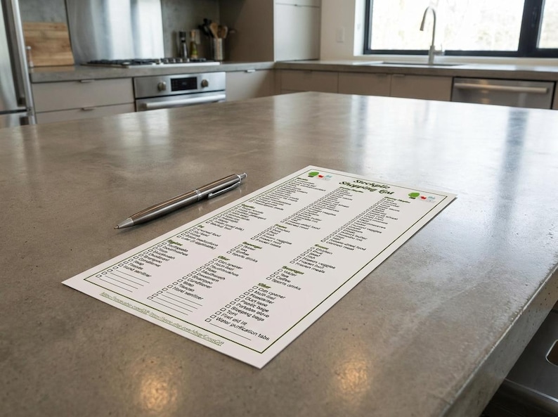 K&ouml;nnte beinhalten: Eine gedruckte Einkaufsliste mit dem Titel "Stockpile Shopping List" mit einem Stift auf einer grauen Arbeitsplatte. Die Liste ist mit verschiedenen Lebensmitteln gef&uuml;llt. Der Stift ist silber und schwarz. Die K&uuml;che hat Edelstahlger&auml;te.