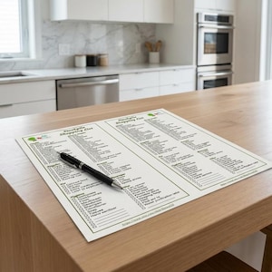 K&ouml;nnte beinhalten: Zweiseitige Einkaufsliste mit gr&uuml;nem Rand und dem Titel "Stockpile Shopping List" in schwarzer Schrift. Ein schwarzer Stift liegt auf der Liste, die sich auf einer hellen Holzoberfl&auml;che befindet. Die K&uuml;che im Hintergrund hat wei&szlig;e Schr&auml;nke und Edelstahlger&auml;te.
