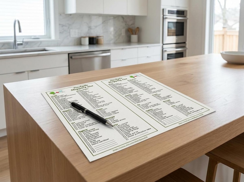 K&ouml;nnte beinhalten: Zweiseitige Einkaufsliste mit gr&uuml;nem Rand und dem Titel "Stockpile Shopping List" in schwarzer Schrift. Ein schwarzer Stift liegt auf der Liste, die sich auf einer hellen Holzoberfl&auml;che befindet. Die K&uuml;che im Hintergrund hat wei&szlig;e Schr&auml;nke und Edelstahlger&auml;te.