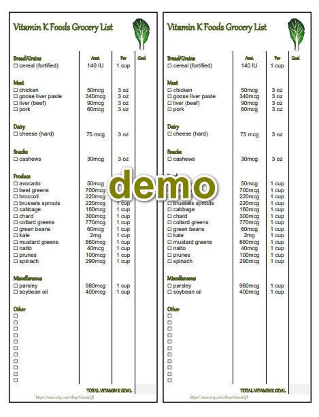 Vitamin K Grocery Foods List Printable 2 in 1 PDF - Etsy