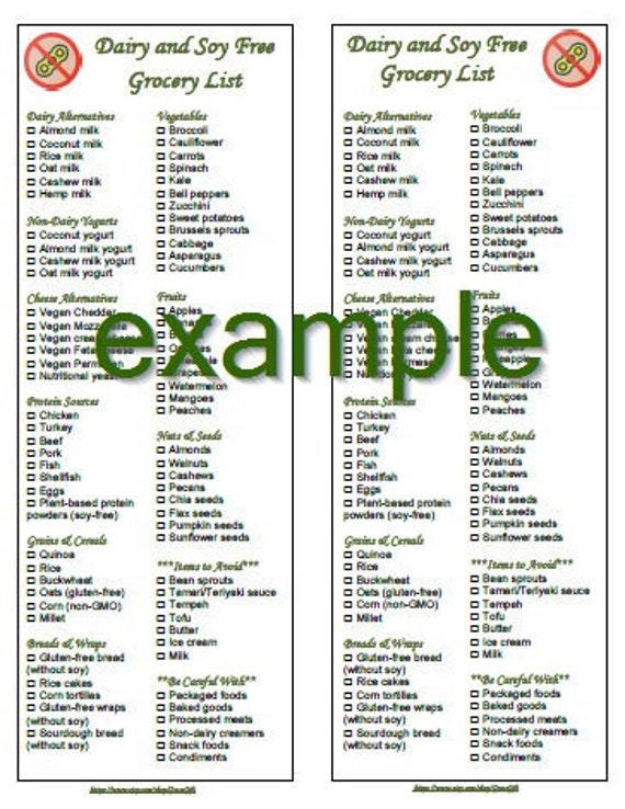 Dairy & Soy Free Grocery Diet Shopping List Printable 2 in 1 PDF