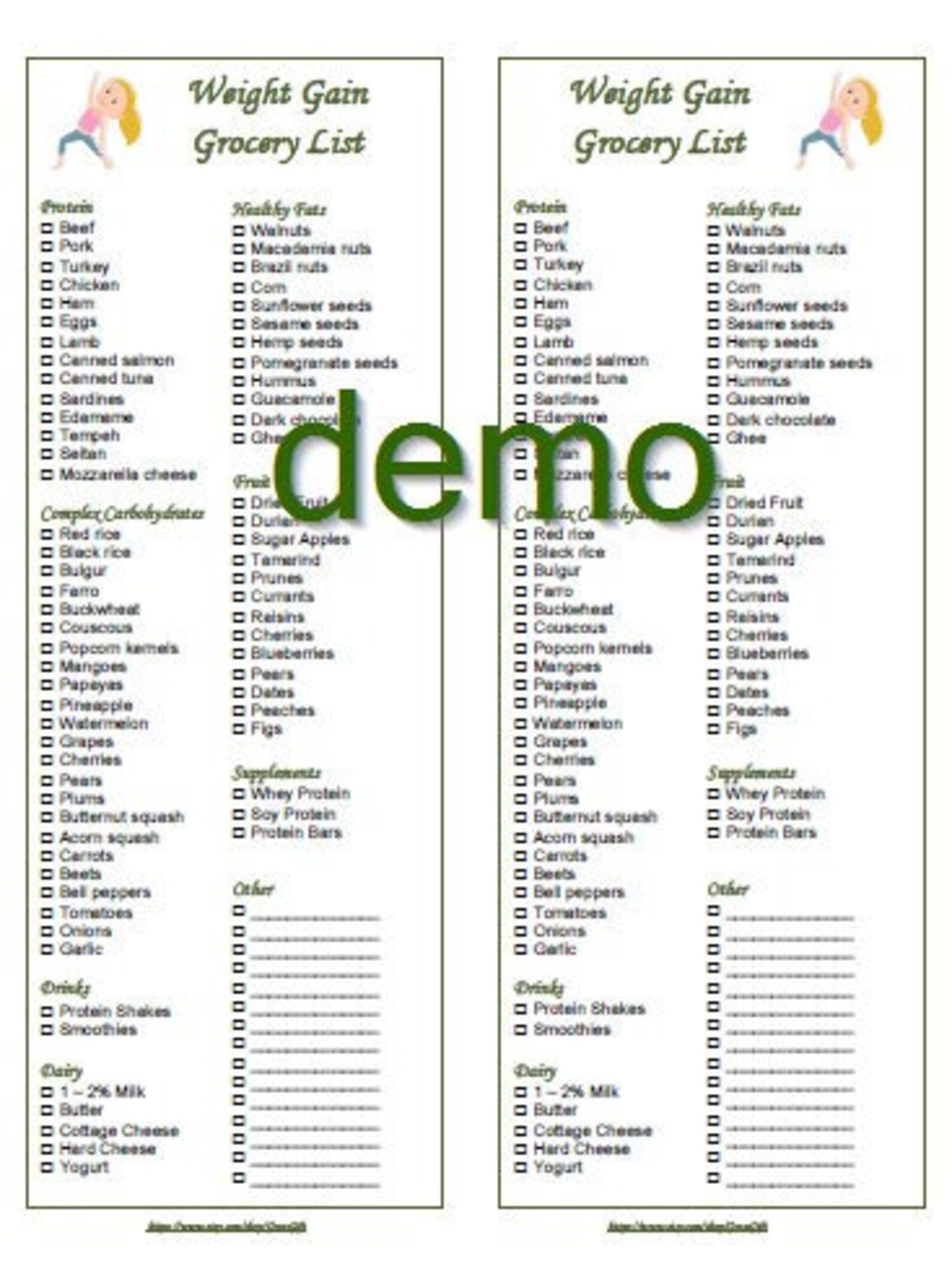 Weight Gain Editable Printable Healthy Grocery Foods List 2 in 1 PDF ...