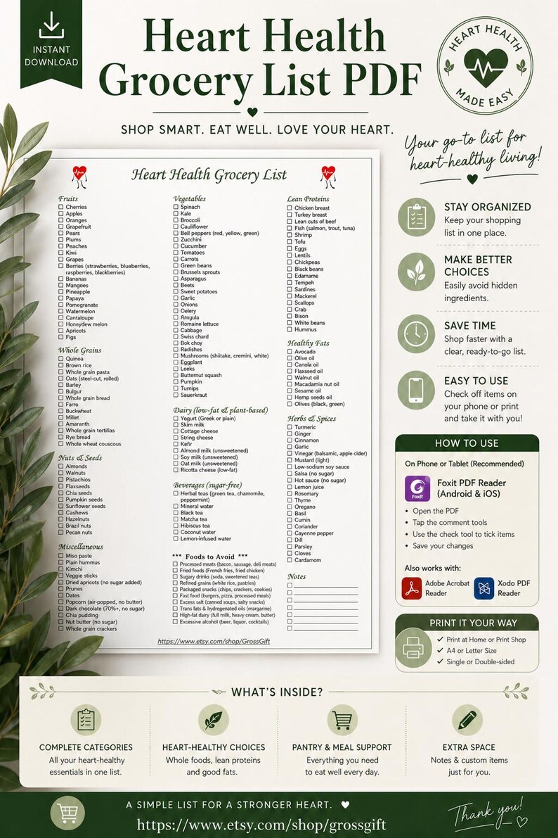 Heart Healthy Grocery List: 160 Cardiovascular Foods (PDF Download) - Etsy