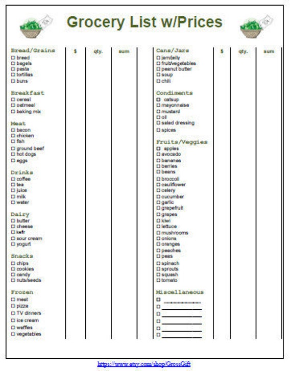 Basic Grocery Shopping CheckList With Prices PDF Etsy