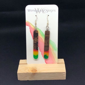 Wood resin earrings, rasta resin and wood dangle earrings