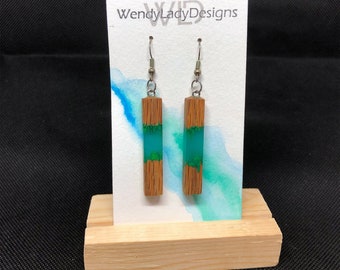 Wood resin earrings, blue green resin and wood dangle earrings