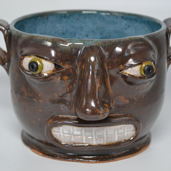 Hand Thrown Pottery SOUP or CEREAL BOWL, 2 Handles, Green Eyes - 4-3/4" Opening, 3-3/4" Tall