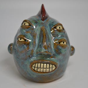 POT HEAD #17 - Southern Folk Art Face Jug Pottery Ugly Jug - One of a Kind - 3-1/4" Tall, Blue Green, Antique Red Hair, Mohawk, Four Eyes