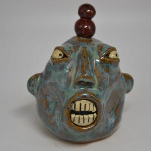 POT HEAD #16 - Southern Folk Art Face Jug Pottery Ugly Jug - One of a Kind - 3-3/4" Tall, Blue Green, Balls, Juggler, Sideways Look