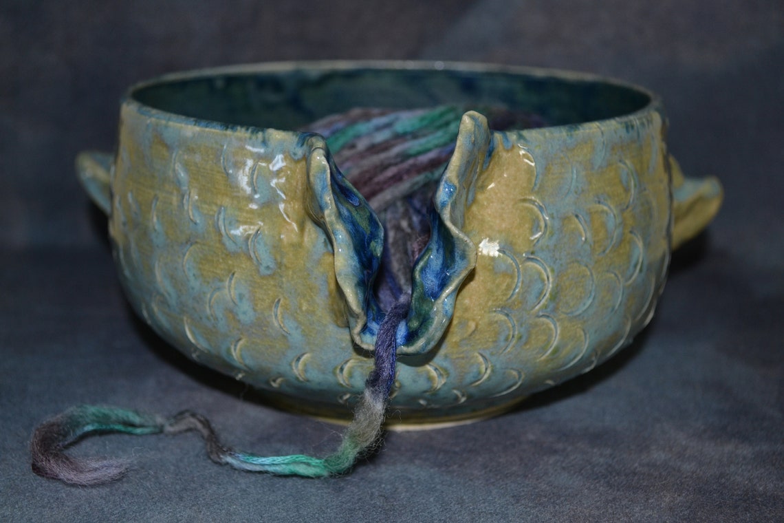 Hand Thrown Pottery YARN BOWL LARGE Turquoise Fish W/ocean Etsy