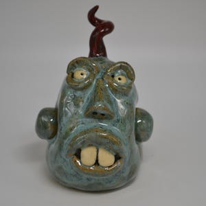 POT HEAD #10 - Southern Folk Art Face Jug Pottery Ugly Jug - One of a Kind - 3-3/4" Tall, Turquoise, Alien, Big Teeth