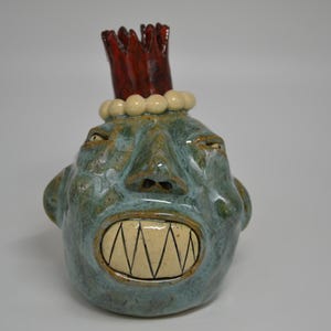 POT HEAD #11 - Southern Folk Art Face Jug Pottery Ugly Jug - One of a Kind - 4" Tall, Turquoise, Crown, King, Queen