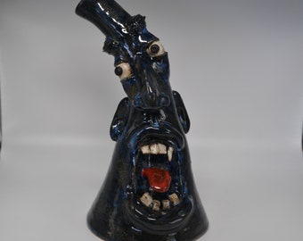 FANG - Southern Folk Art Face Jug Pottery - Blue, Tongue, Curved - 7-1/4" Tall